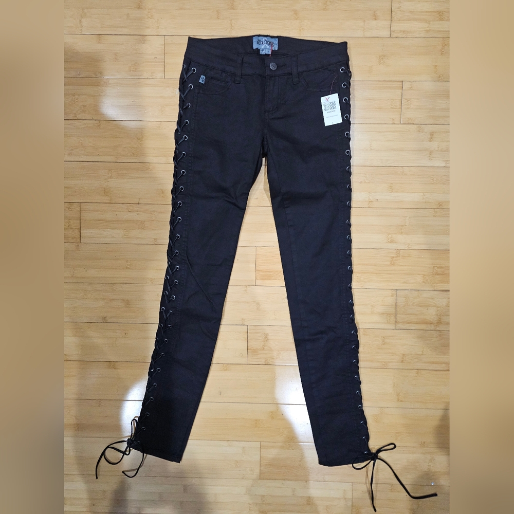 Vintage Hot Topic Tripp Royal Bones Punk Goth Lace up Black Skinny Jeans Pants 3